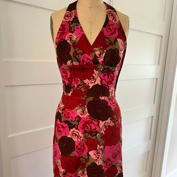 Halter A-line Dress, Cotton Spandex, Size 2, Classy, Rose Patterned - Picture 3 of 7
